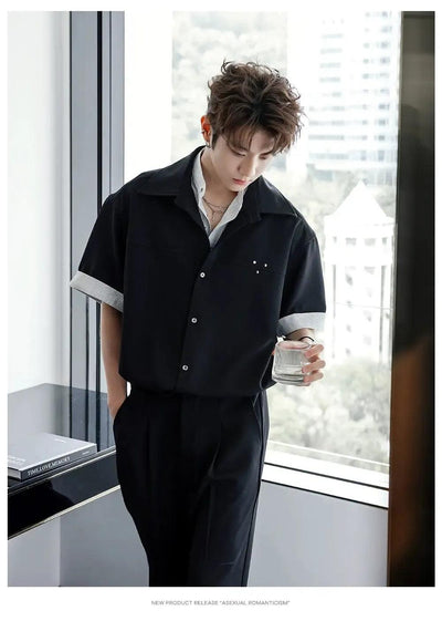 Chuan Stripe Layered Short Sleeve Shirt-korean-fashion-Shirt-Chuan's Closet-OH Garments