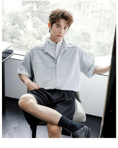 Chuan Stripe Layered Short Sleeve Shirt-korean-fashion-Shirt-Chuan's Closet-OH Garments