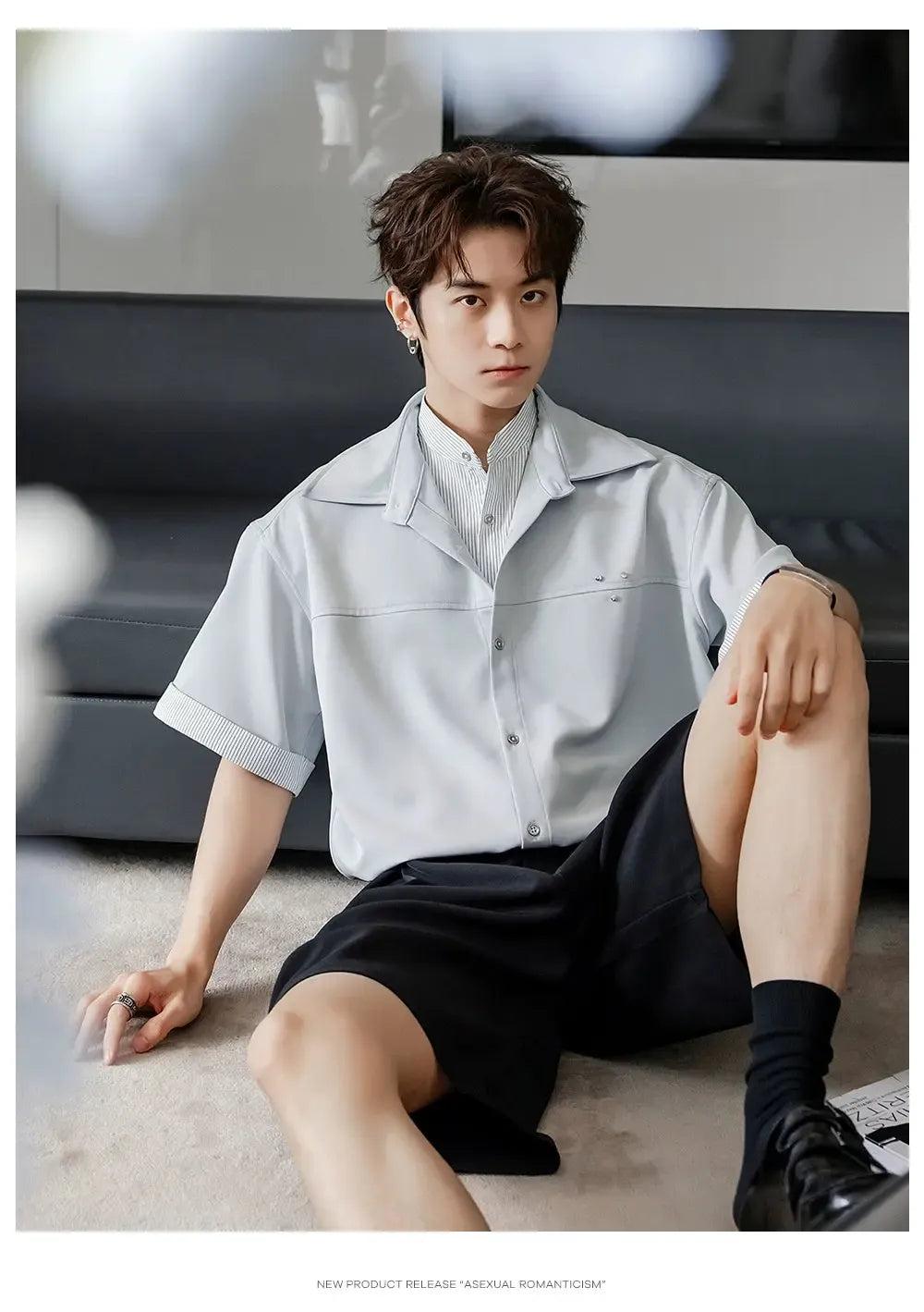 Chuan Stripe Layered Short Sleeve Shirt-korean-fashion-Shirt-Chuan's Closet-OH Garments