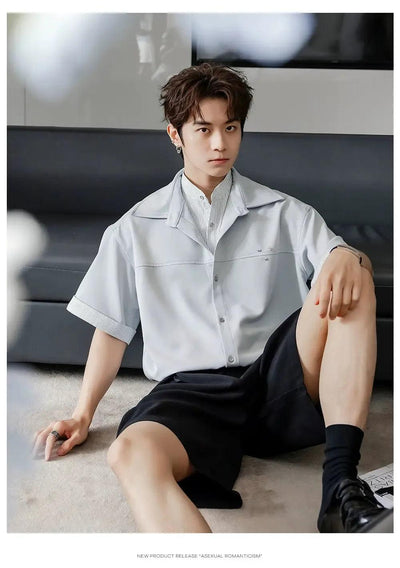 Chuan Stripe Layered Short Sleeve Shirt-korean-fashion-Shirt-Chuan's Closet-OH Garments