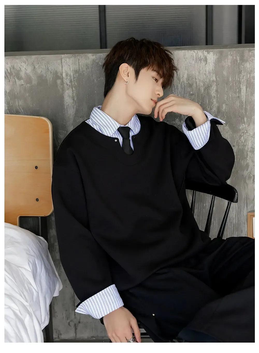 Chuan Stripe Spliced Crewneck-korean-fashion-Crewneck-Chuan's Closet-OH Garments