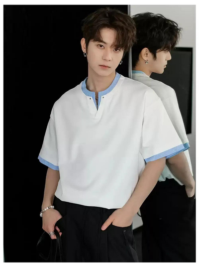 Chuan Striped Layer V-Neck T-Shirt-korean-fashion-T-Shirt-Chuan's Closet-OH Garments