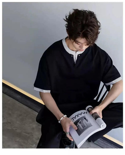 Chuan Striped Layer V-Neck T-Shirt-korean-fashion-T-Shirt-Chuan's Closet-OH Garments