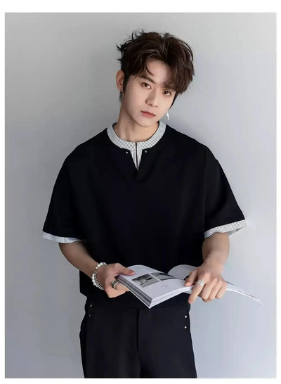 Chuan Striped Layer V-Neck T-Shirt-korean-fashion-T-Shirt-Chuan's Closet-OH Garments