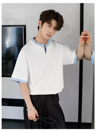 Chuan Striped Layer V-Neck T-Shirt-korean-fashion-T-Shirt-Chuan's Closet-OH Garments