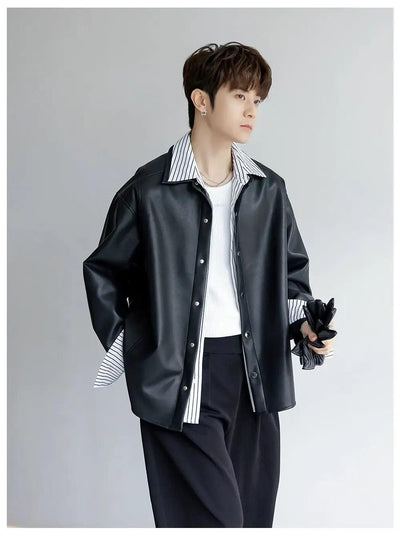 Chuan Striped Layered PU Leather Jacket-korean-fashion-Jacket-Chuan's Closet-OH Garments