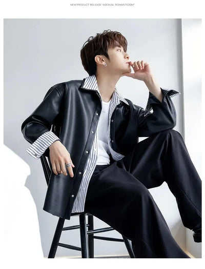 Chuan Striped Layered PU Leather Jacket-korean-fashion-Jacket-Chuan's Closet-OH Garments