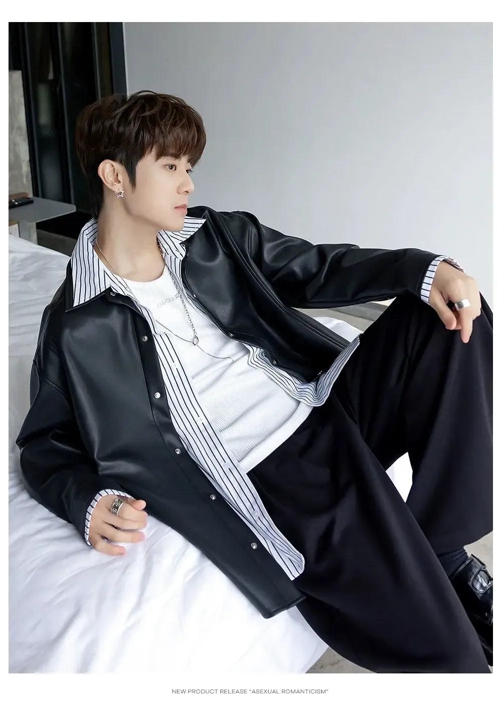 Chuan Striped Layered PU Leather Jacket-korean-fashion-Jacket-Chuan's Closet-OH Garments