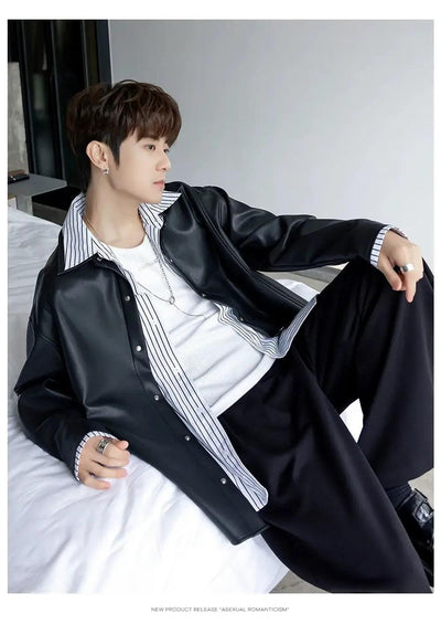 Chuan Striped Layered PU Leather Jacket-korean-fashion-Jacket-Chuan's Closet-OH Garments