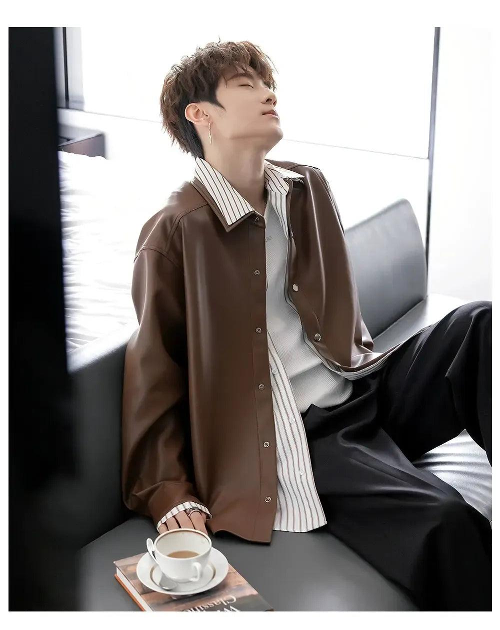 Chuan Striped Layered PU Leather Jacket-korean-fashion-Jacket-Chuan's Closet-OH Garments