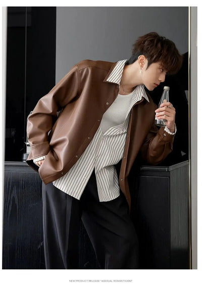 Chuan Striped Layered PU Leather Jacket-korean-fashion-Jacket-Chuan's Closet-OH Garments