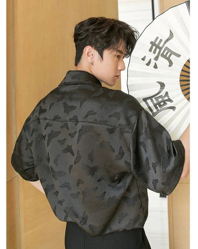 Chuan Textured Butterflies Pattern Shirt-korean-fashion-Shirt-Chuan's Closet-OH Garments