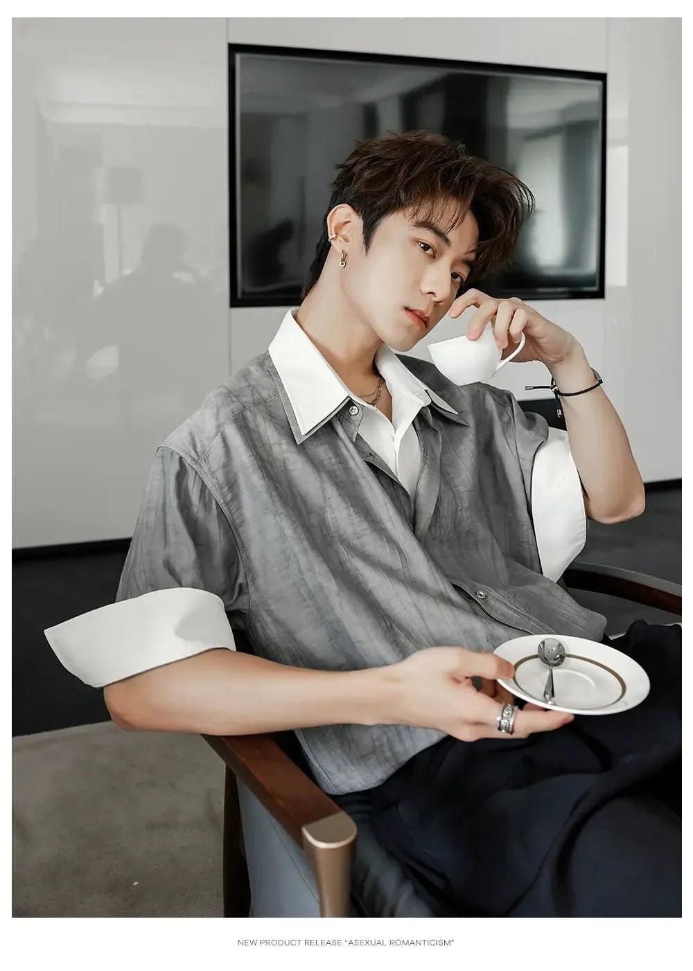 Chuan Textured Layered Short Sleeve Shirt-korean-fashion-Shirt-Chuan's Closet-OH Garments