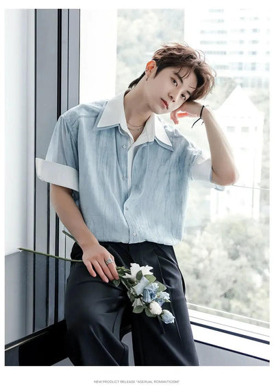 Chuan Textured Layered Short Sleeve Shirt-korean-fashion-Shirt-Chuan's Closet-OH Garments