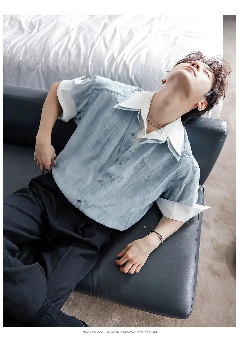 Chuan Textured Layered Short Sleeve Shirt-korean-fashion-Shirt-Chuan's Closet-OH Garments