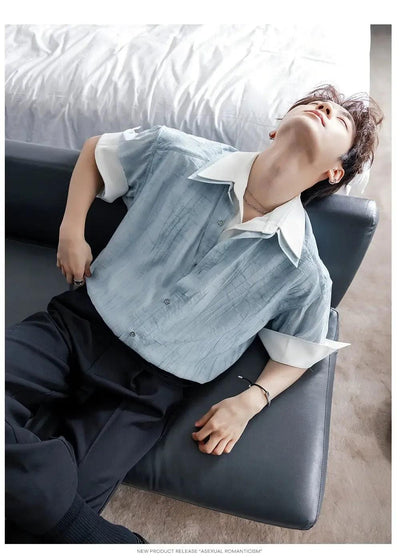 Chuan Textured Layered Short Sleeve Shirt-korean-fashion-Shirt-Chuan's Closet-OH Garments