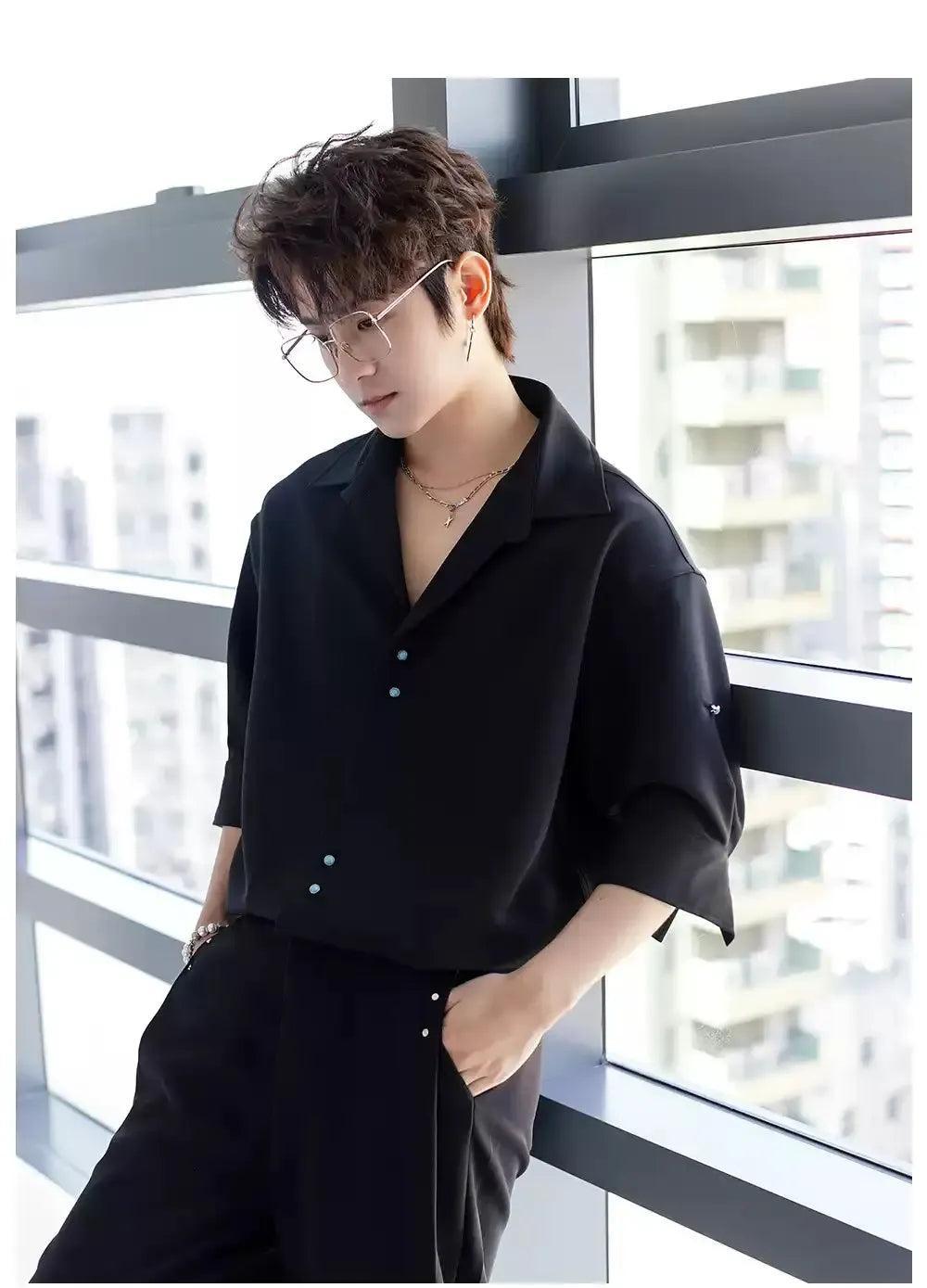Chuan Three-Quarter Sleeve Drapy Shirt-korean-fashion-Shirt-Chuan's Closet-OH Garments
