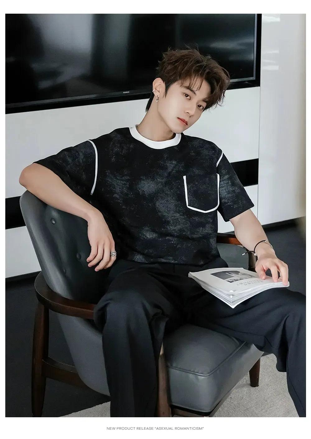 Chuan Tie-Dyed Contrast Piping T-Shirt-korean-fashion-T-Shirt-Chuan's Closet-OH Garments