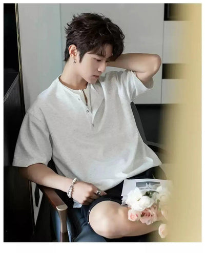 Chuan Two-Piece Henley Collar T-Shirt-korean-fashion-T-Shirt-Chuan's Closet-OH Garments
