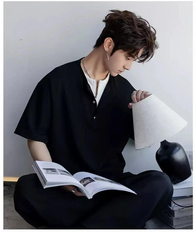 Chuan Two-Piece Henley Collar T-Shirt-korean-fashion-T-Shirt-Chuan's Closet-OH Garments