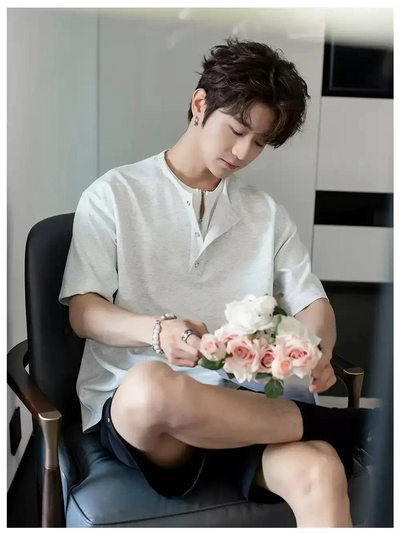 Chuan Two-Piece Henley Collar T-Shirt-korean-fashion-T-Shirt-Chuan's Closet-OH Garments
