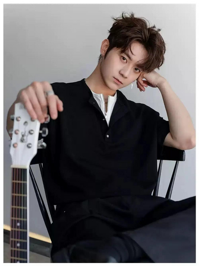 Chuan Two-Piece Henley Collar T-Shirt-korean-fashion-T-Shirt-Chuan's Closet-OH Garments