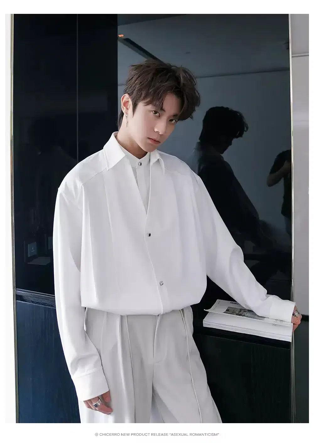 Chuan V-Cut Layered Buttoned Shirt-korean-fashion-Shirt-Chuan's Closet-OH Garments