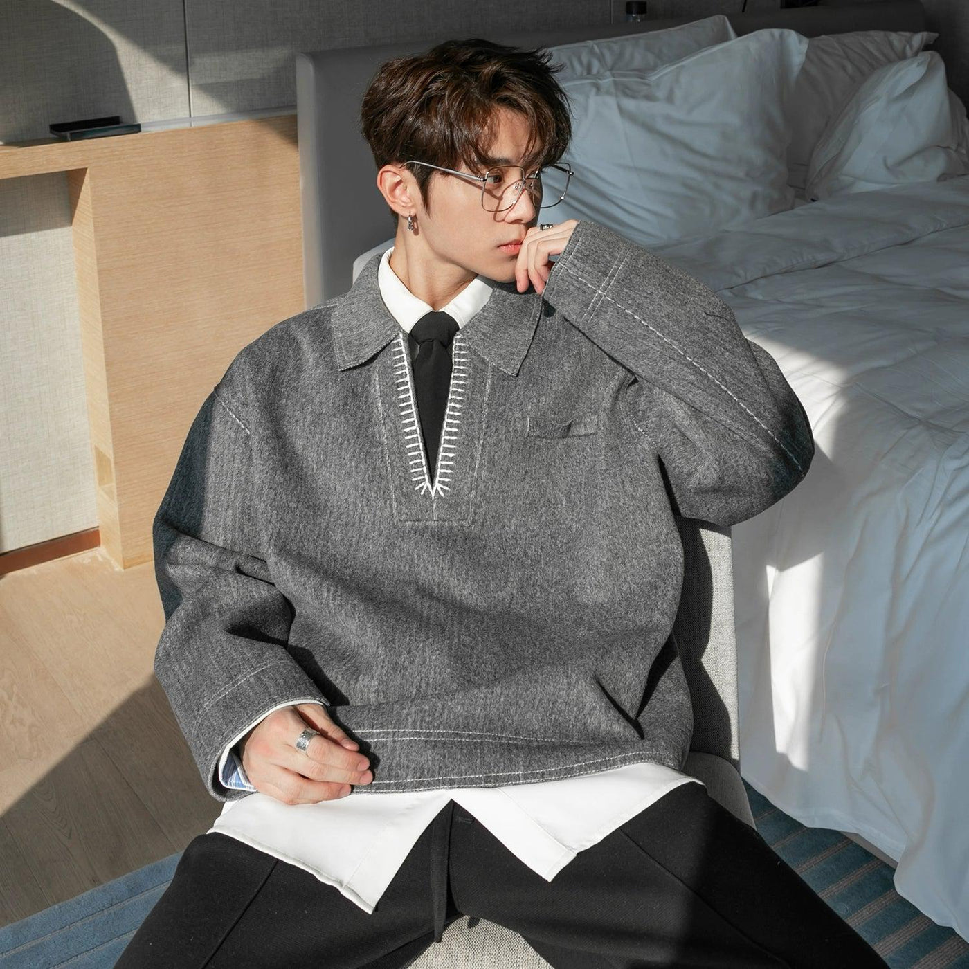 Chuan V-Neck Pullover Jacket-korean-fashion-Jacket-Chuan's Closet-OH Garments
