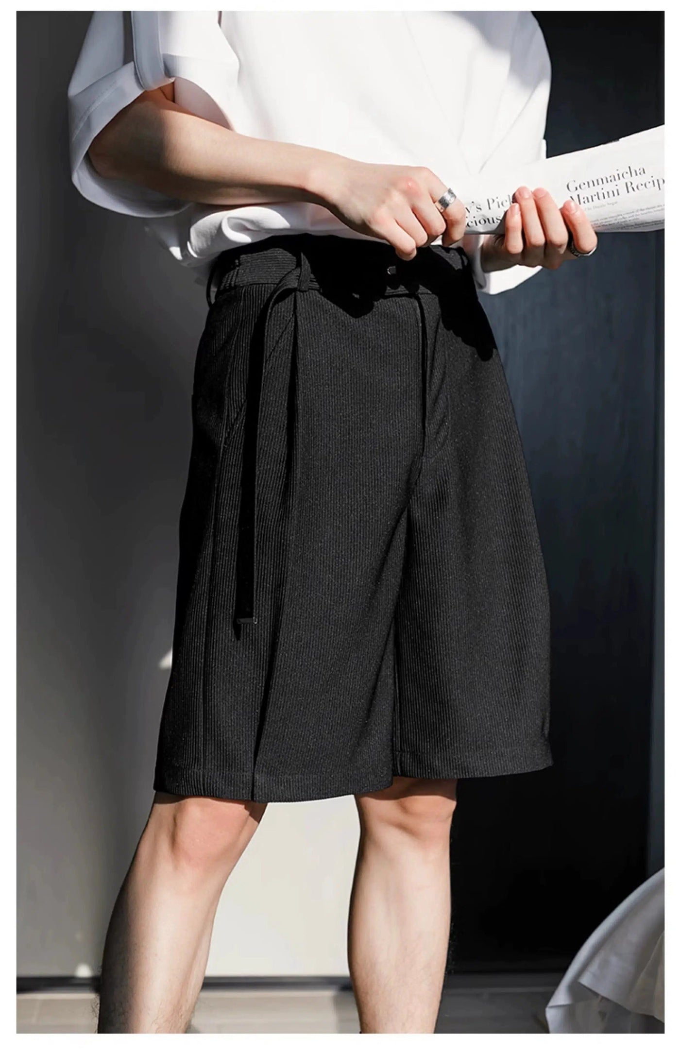 Chuan Waist Belt Textured Shorts-korean-fashion-Shorts-Chuan's Closet-OH Garments