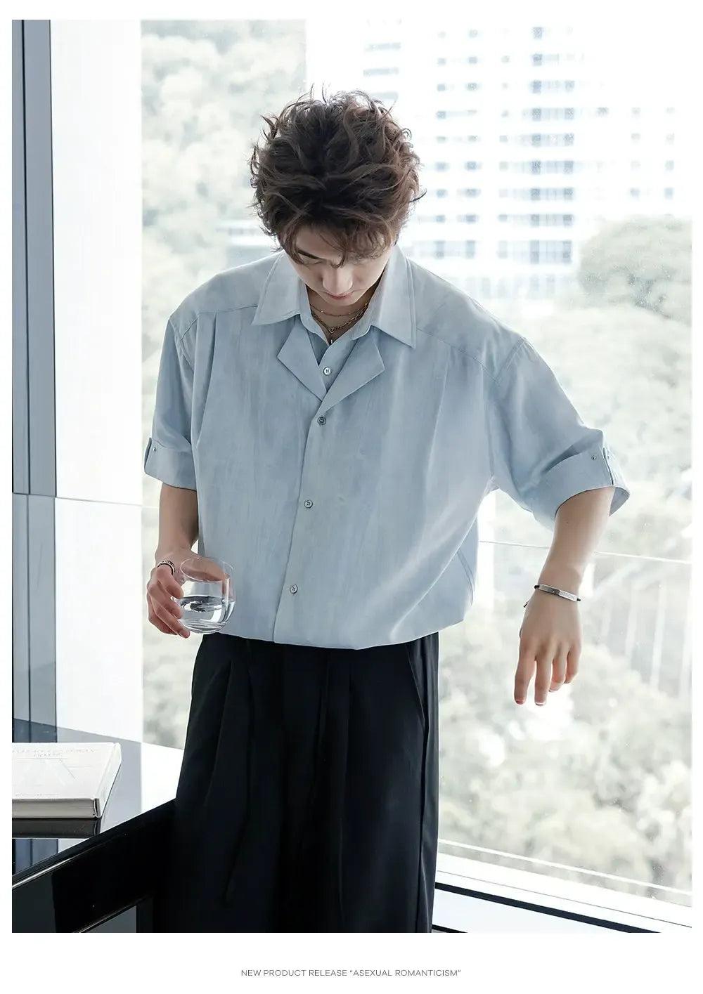 Chuan Washed Layered Collar S/S Shirt-korean-fashion-Shirt-Chuan's Closet-OH Garments