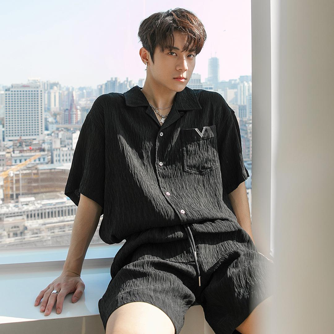 Chuan Wood Texture Buttoned Shirt & Shorts Set-korean-fashion-Clothing Set-Chuan's Closet-OH Garments