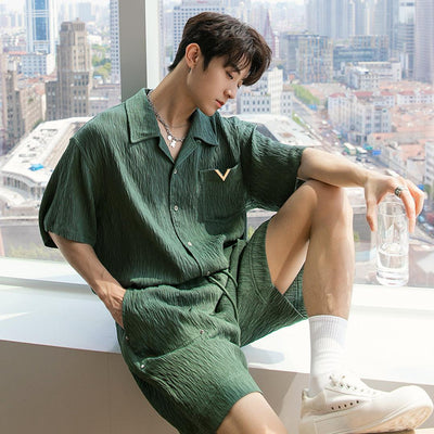 Chuan Wood Texture Buttoned Shirt & Shorts Set-korean-fashion-Clothing Set-Chuan's Closet-OH Garments