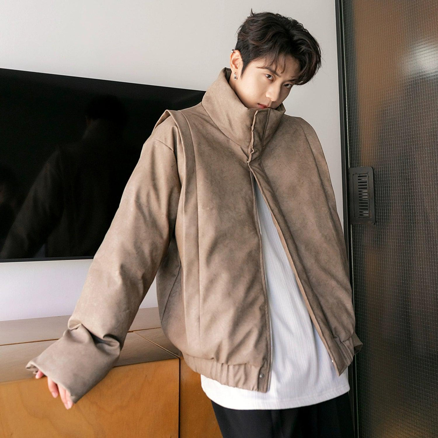 Chuan Zip-Up Faux Leather Jacket-korean-fashion-Jacket-Chuan's Closet-OH Garments