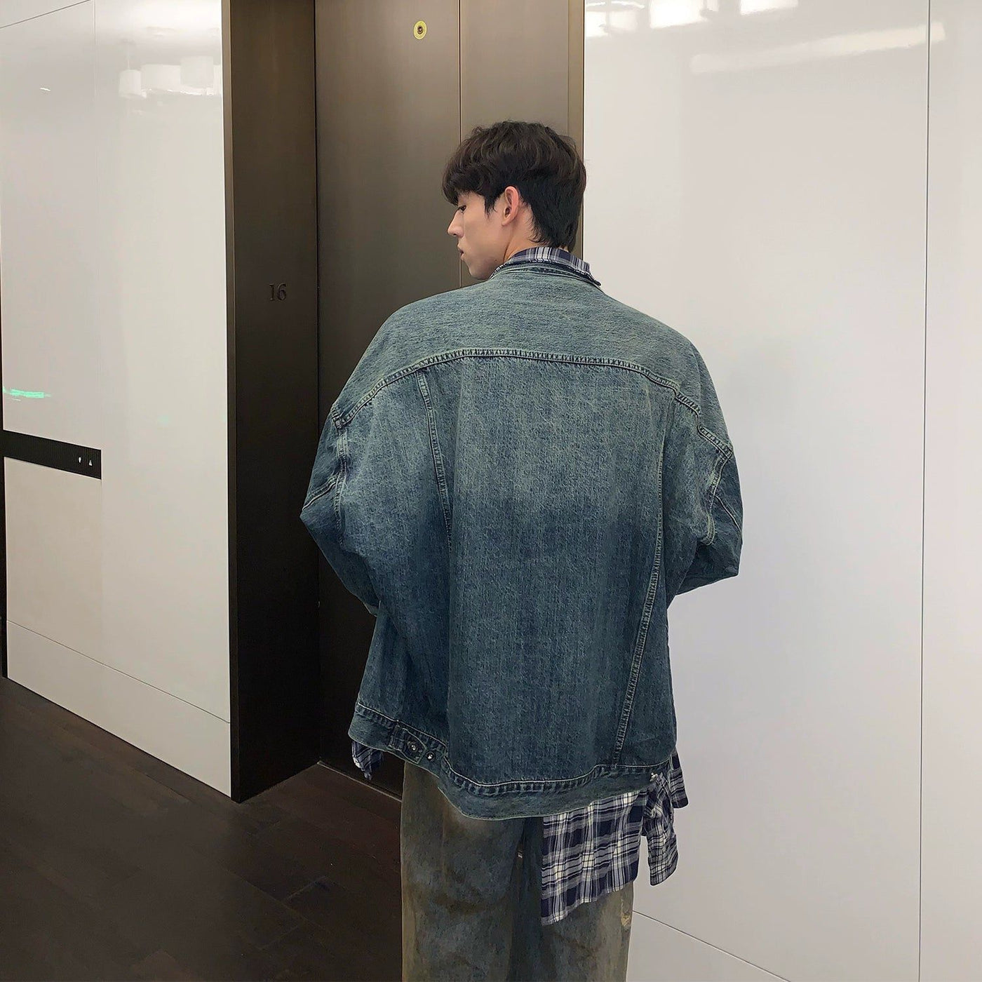 Cui Asymmetric Plaid Layer Denim Jacket-korean-fashion-Jacket-Cui's Closet-OH Garments