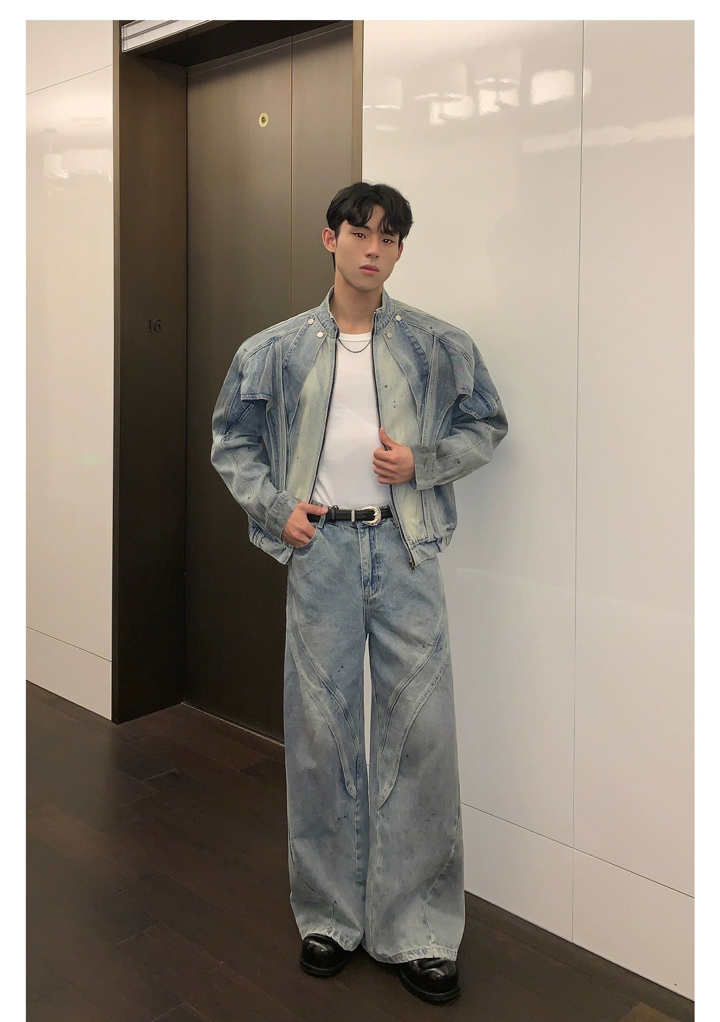 Cui Bleach Washed Denim Jacket & Curved Cut Jeans Set-korean-fashion-Clothing Set-Cui's Closet-OH Garments