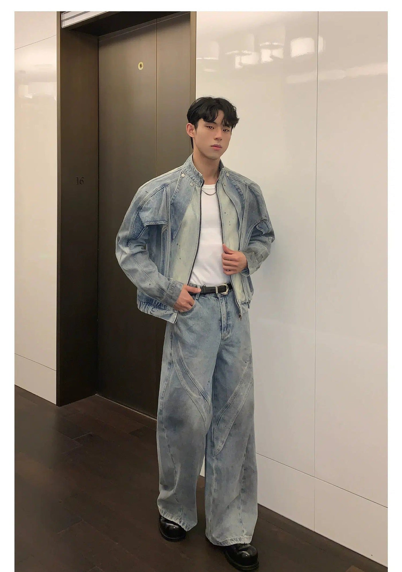 Cui Bleach Washed Denim Jacket & Curved Cut Jeans Set-korean-fashion-Clothing Set-Cui's Closet-OH Garments