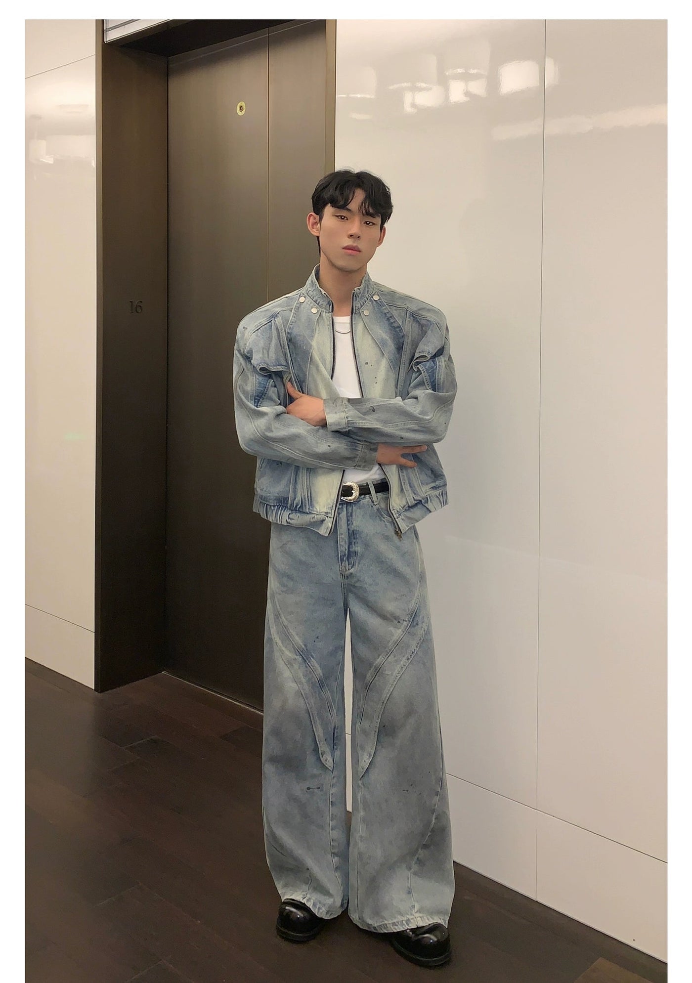 Cui Bleach Washed Denim Jacket & Curved Cut Jeans Set-korean-fashion-Clothing Set-Cui's Closet-OH Garments