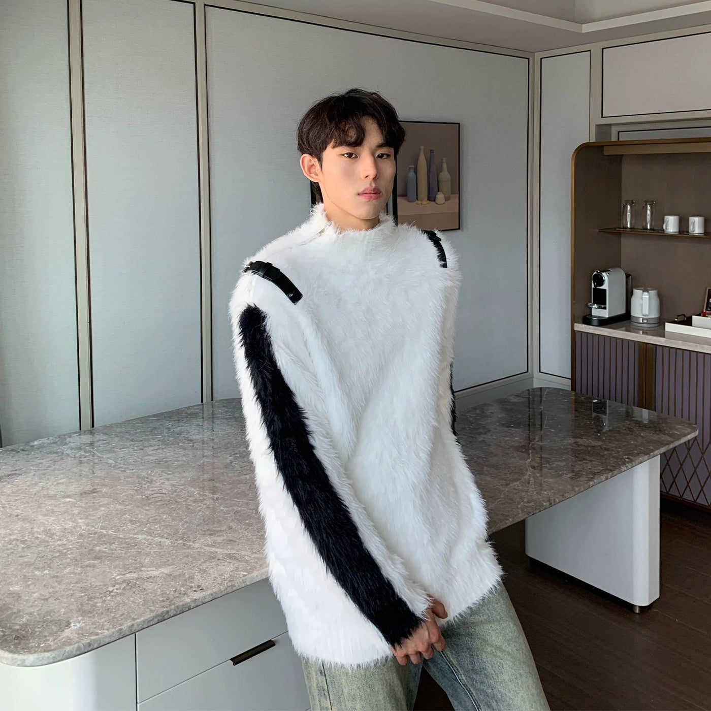 Cui Buckle Strap Contrast Fur Sweater-korean-fashion-Sweater-Cui's Closet-OH Garments