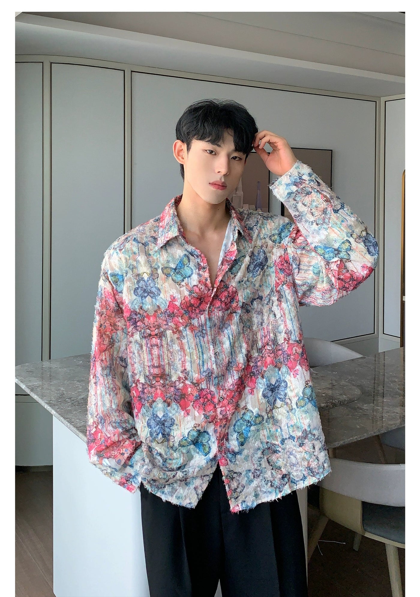 Cui Butterfly Pattern Raw Edge Shirt-korean-fashion-Shirt-Cui's Closet-OH Garments