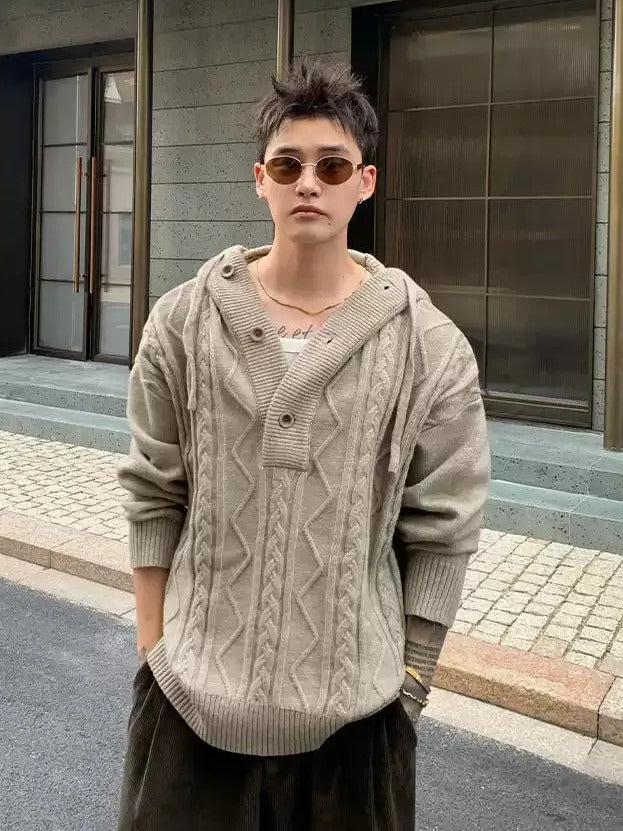 Cui Cable Knit Half-Buttoned Hoodie-korean-fashion-Hoodie-Cui's Closet-OH Garments