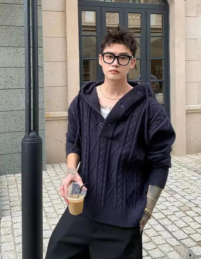 Cui Cable Knit Half-Buttoned Hoodie-korean-fashion-Hoodie-Cui's Closet-OH Garments