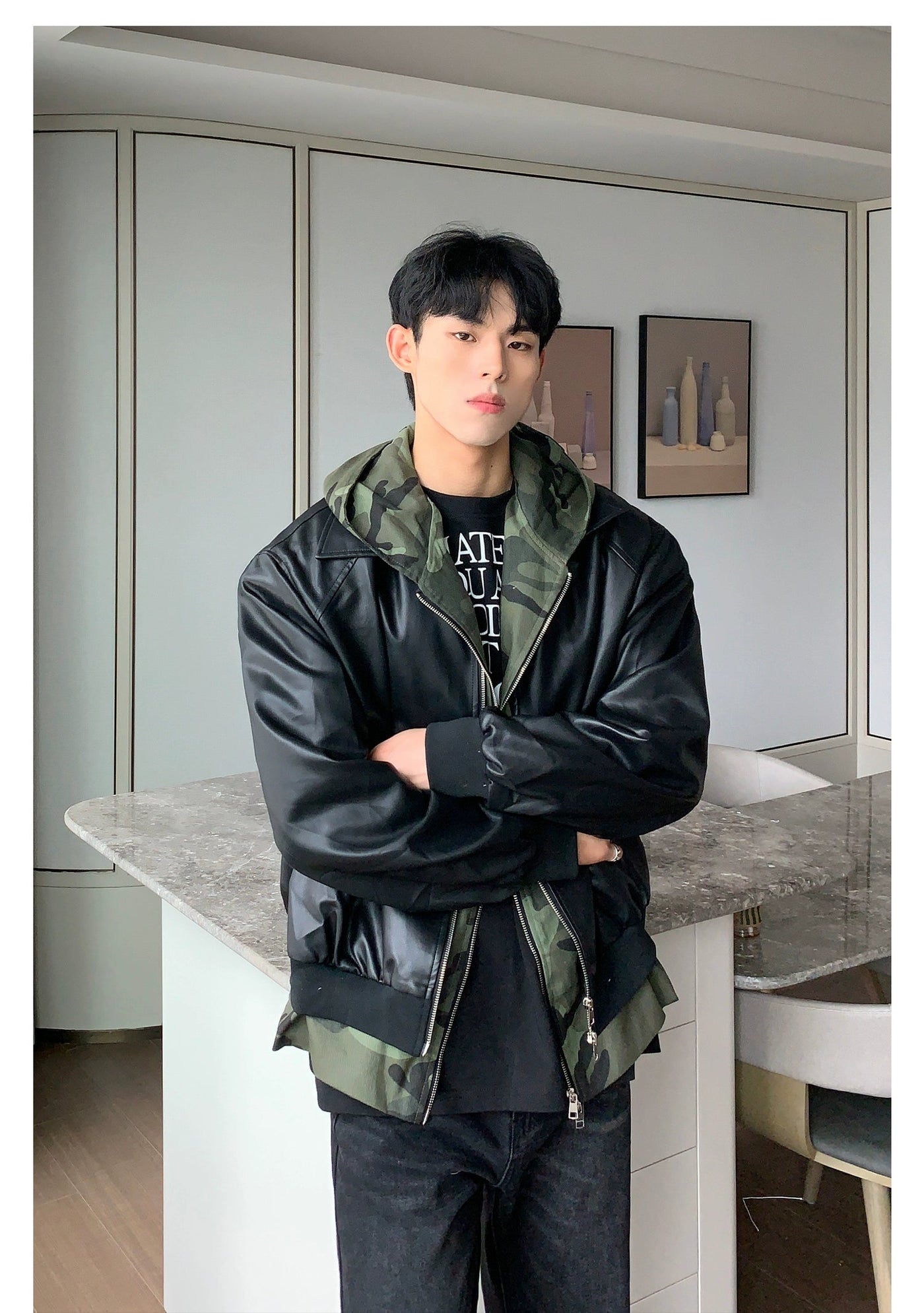 Cui Camo Layered Hooded PU Leather Jacket-korean-fashion-Jacket-Cui's Closet-OH Garments