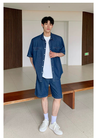 Cui Clean Fit Denim Shirt & Denim Shorts Set-korean-fashion-Clothing Set-Cui's Closet-OH Garments