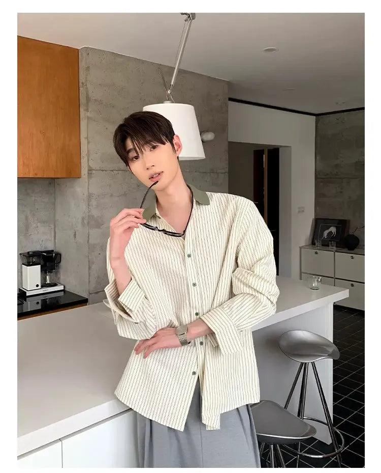 Cui Collar Contrast Striped Shirt-korean-fashion-Shirt-Cui's Closet-OH Garments