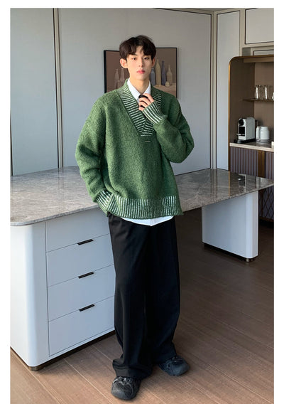Cui Collegiate Contrast Lines V-Neck Sweater-korean-fashion-Sweater-Cui's Closet-OH Garments