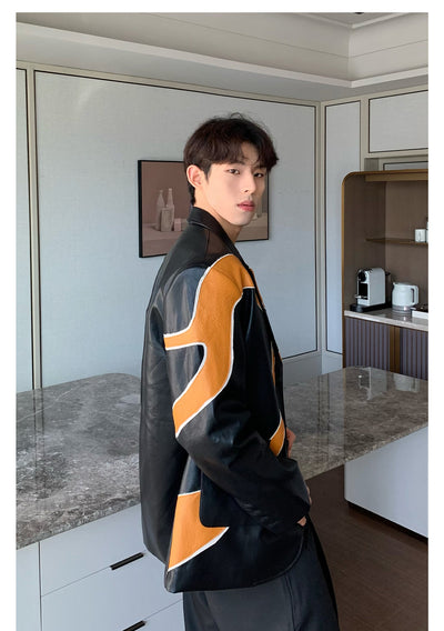 Cui Color Block Shoulder Pad Leather Blazer-korean-fashion-Blazer-Cui's Closet-OH Garments
