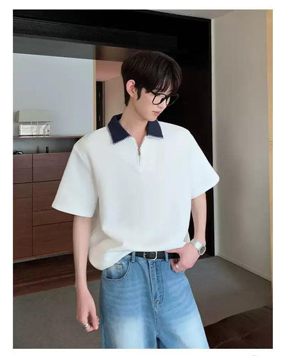 Cui Contrast Collar Half-Zipped T-Shirt-korean-fashion-T-Shirt-Cui's Closet-OH Garments