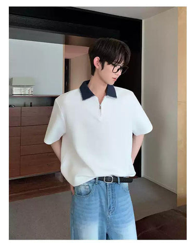 Cui Contrast Collar Half-Zipped T-Shirt-korean-fashion-T-Shirt-Cui's Closet-OH Garments