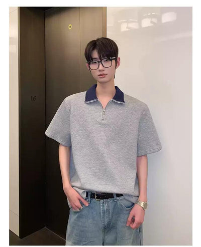 Cui Contrast Collar Half-Zipped T-Shirt-korean-fashion-T-Shirt-Cui's Closet-OH Garments