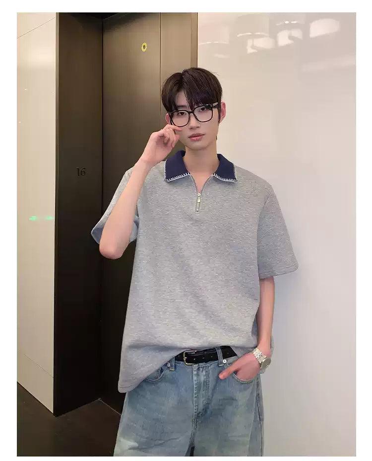 Cui Contrast Collar Half-Zipped T-Shirt-korean-fashion-T-Shirt-Cui's Closet-OH Garments